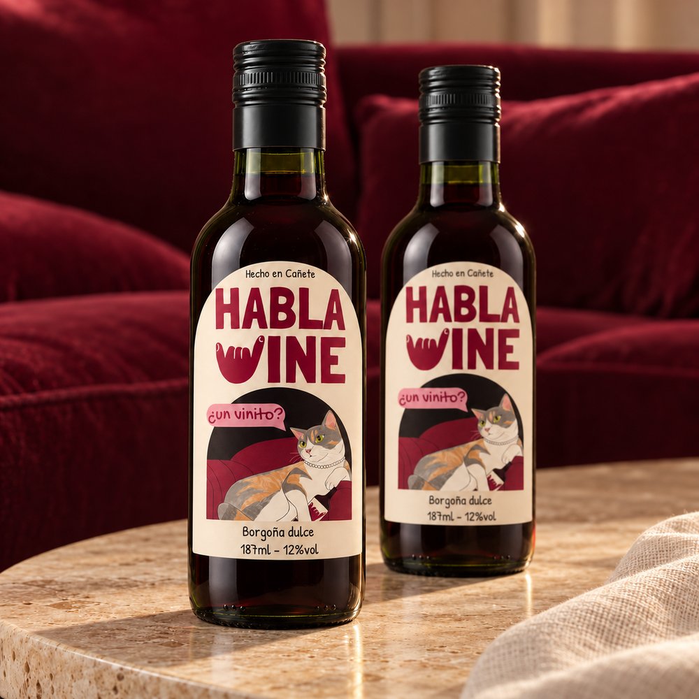 Dos botellitas de Habla Wine Borgoña dulce de 187 ml con la etiqueta de Rita, sobre una mesa de mármol frente a un sillón tinto