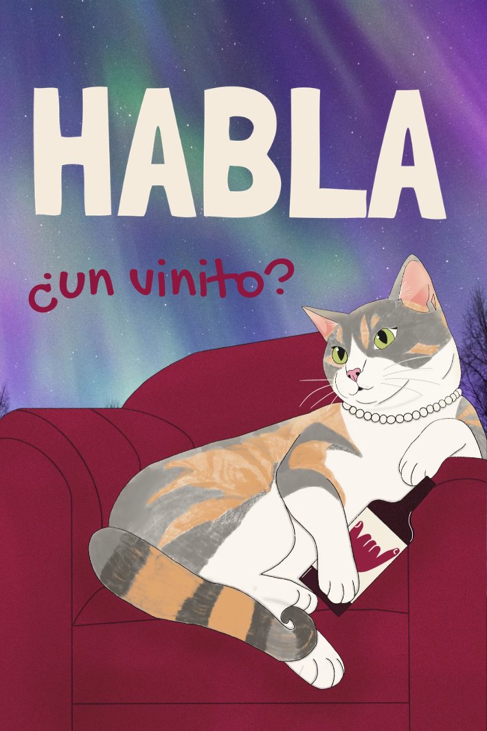 Ilustración de Rita, gata calicó con collar de perlas, recostada en un sillón tinto con una botella de Habla Wine, bajo una aurora y el texto Habla ¿un vinito?